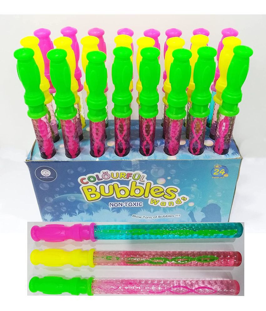     			Bubble Solution Colorful Bubble Blaster Long Stick with Wand Set 24pcs for Kids Age 3 and Up - Boys and Girls Outdoor & Indoor Activities(Color and Design May Vary)- Perfect for Return Gift