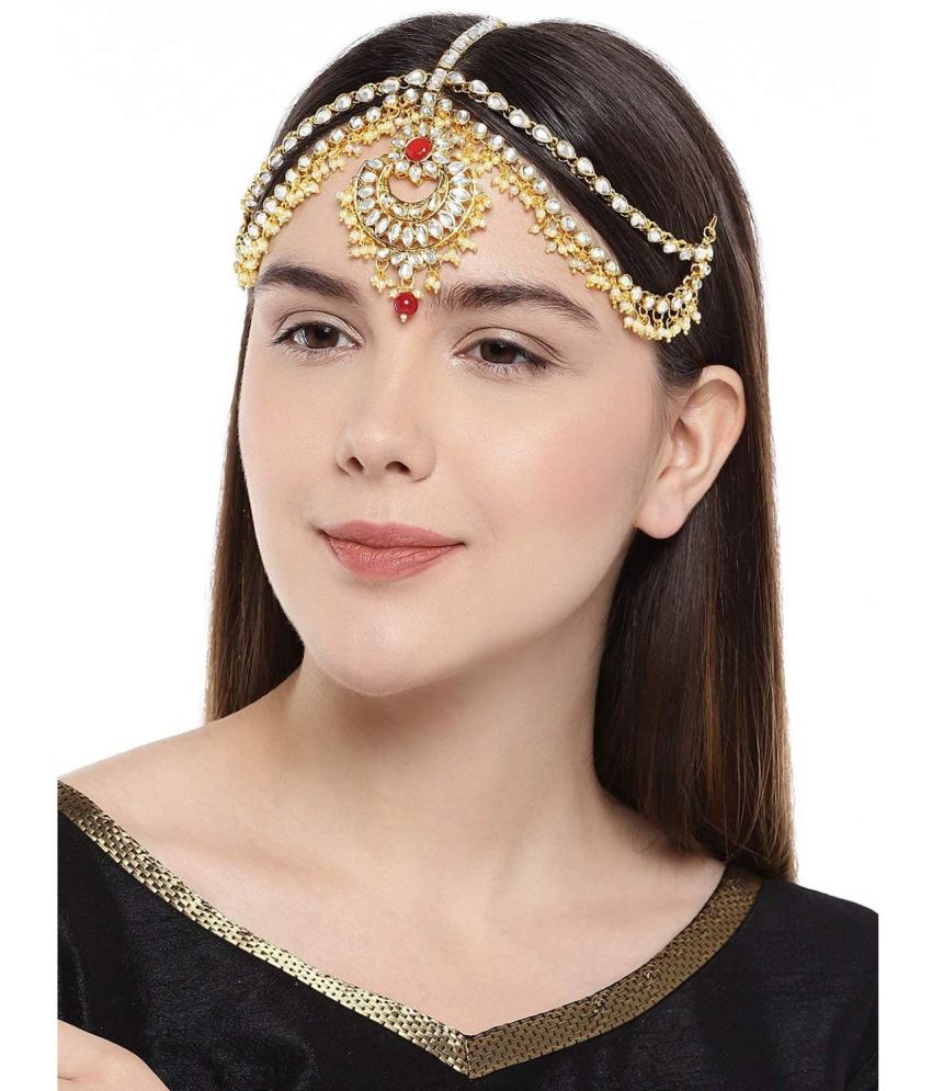     			I Jewels 18k Gold Plated Traditional Kundan & Pearl Studded Bridal Maathapaati for Women (T2014M)