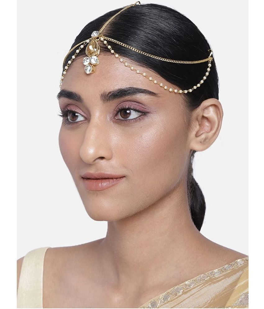     			I Jewels 18k Gold Plated Traditional Stone Studded Bridal Pearl Mathapatti for Women (T1083LW)