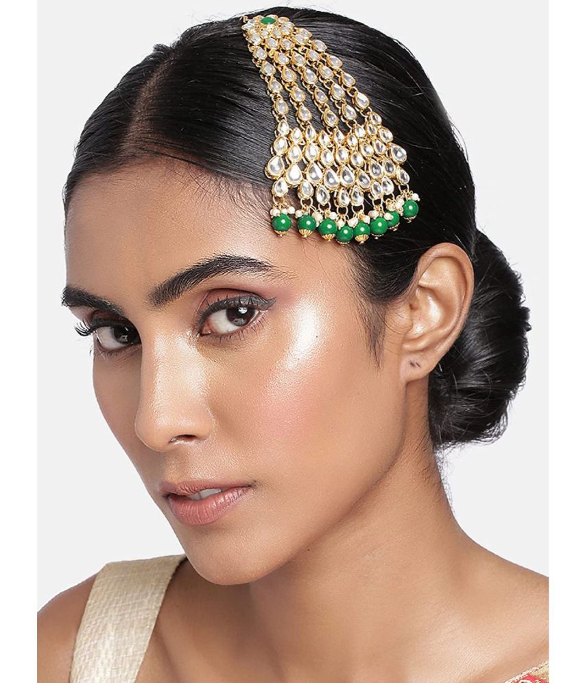     			I Jewels 18k Gold Plated Mughal Beautiful Long Pearl Kundan Jhumar Passa/Jhoomar Maang Tikka for Women (T2051G)