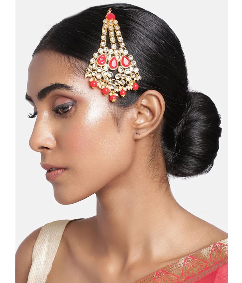     			I Jewels 18k Gold Plated Mughal Beautiful Long Pearl Kundan Jhumar Passa/Jhoomar Maang Tikka for Women (T2048R)