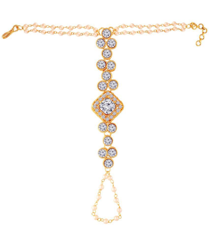     			I Jewels 18k Gold Plated Embellish With Kundan & Pearl Adjustable Haath Phool/Panja Bracelet for Women (PIJ015W) (Pack of 1)