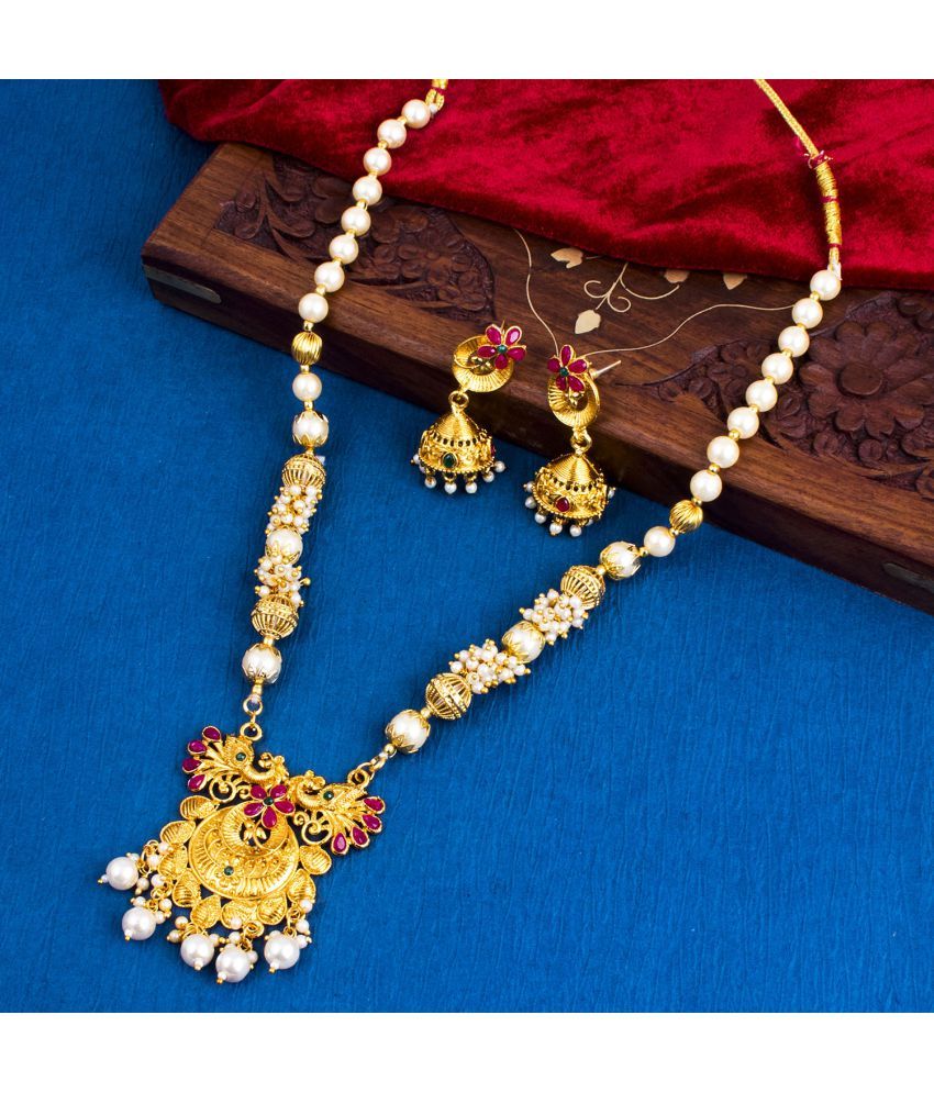     			Sukkhi Brass Golden Traditional Necklaces Set Long Haram