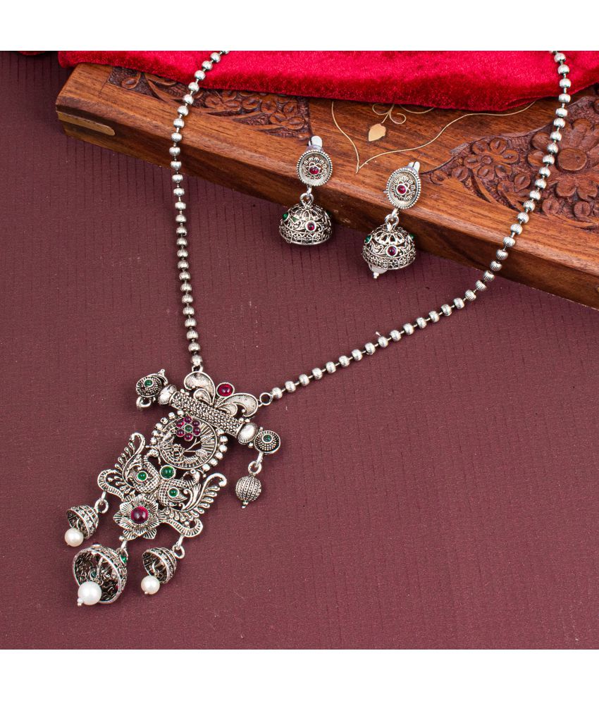     			Sukkhi Brass Silver Traditional Necklaces Set Long Haram