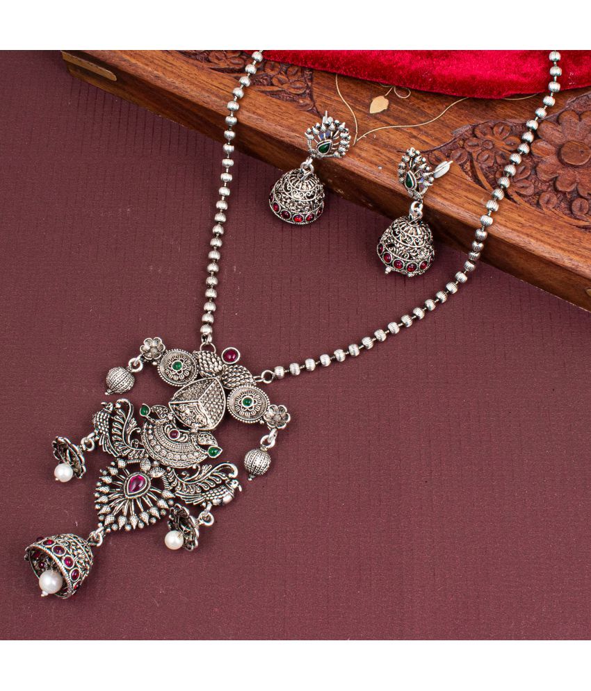     			Sukkhi Brass Silver Traditional Necklaces Set Long Haram