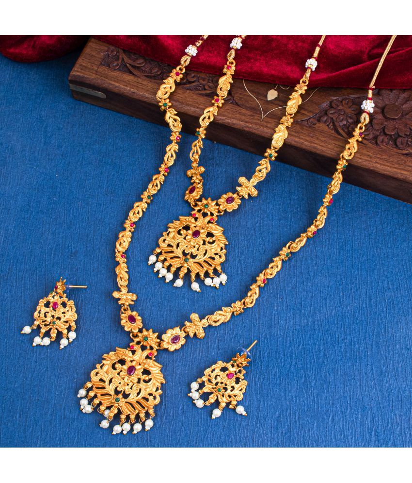     			Sukkhi Zinc Golden Traditional Necklace set Combo Long Haram