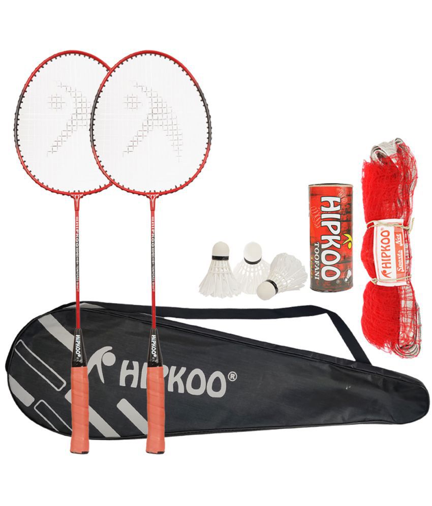     			Hipkoo Sports Fine Aluminum Badminton Complete Racquets Set | 2 Wide Body Racket with Cover, 3 Shuttlecocks and Net | Ideal for Beginner | Flexible, Lightweight & Sturdy (Red, Set of 2)