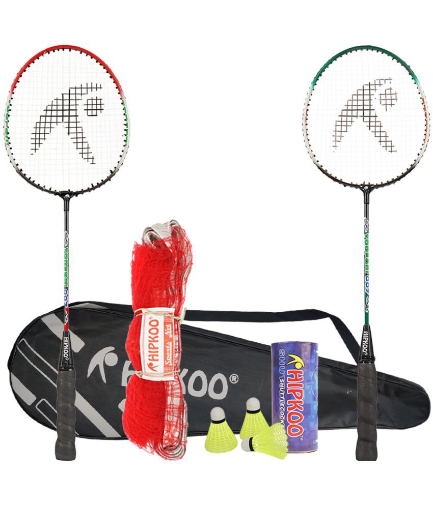     			Hipkoo Sports Toofani Aluminum Badminton Complete Racquets Set | 2 Wide Body Rackets, 3 Shuttlecocks and Net | Ideal for Beginner | Lightweight & Sturdy (Multicolour, Set of 4)