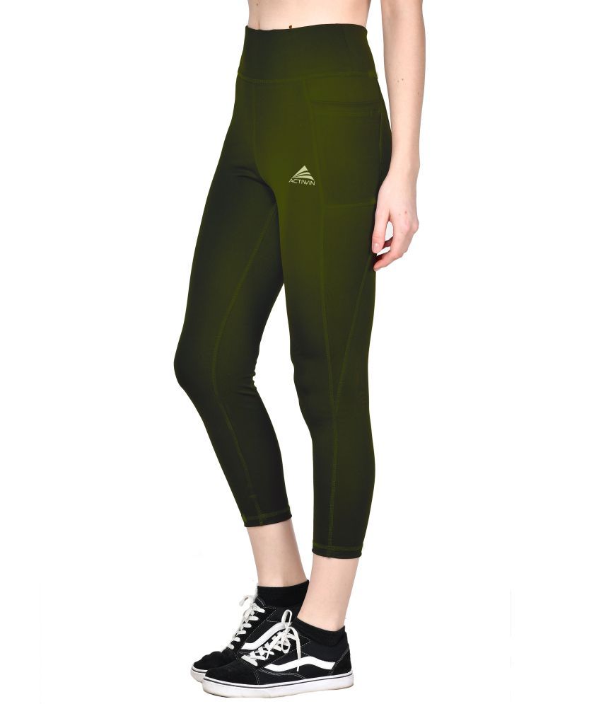     			ACTIWIN Olive Green Polyester Lycra Solid Tights - Single