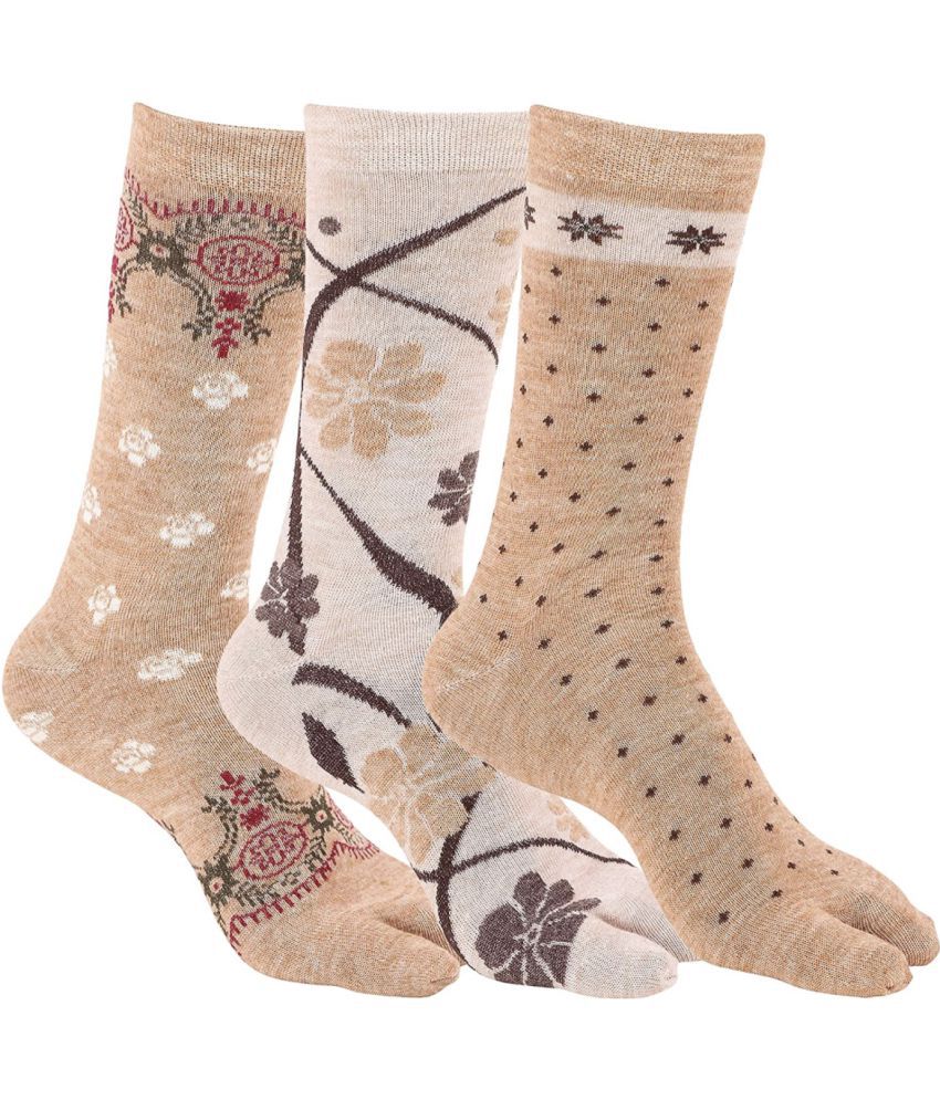Creature Women's Brown Woolen Floral Leg Warmer Full Length Socks ( Pack of 3 )