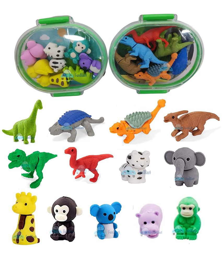     			FunBlast (Pack of 13 Pcs) Animal & Dinosaur Shape Erasers Set for Kids Educational Stationary Kit for Kids, (Multicolor)