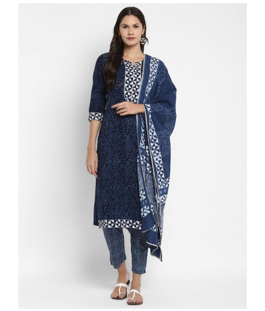     			Vbuyz - Navy Blue Straight Cotton Women's Stitched Salwar Suit ( Pack of 1 )