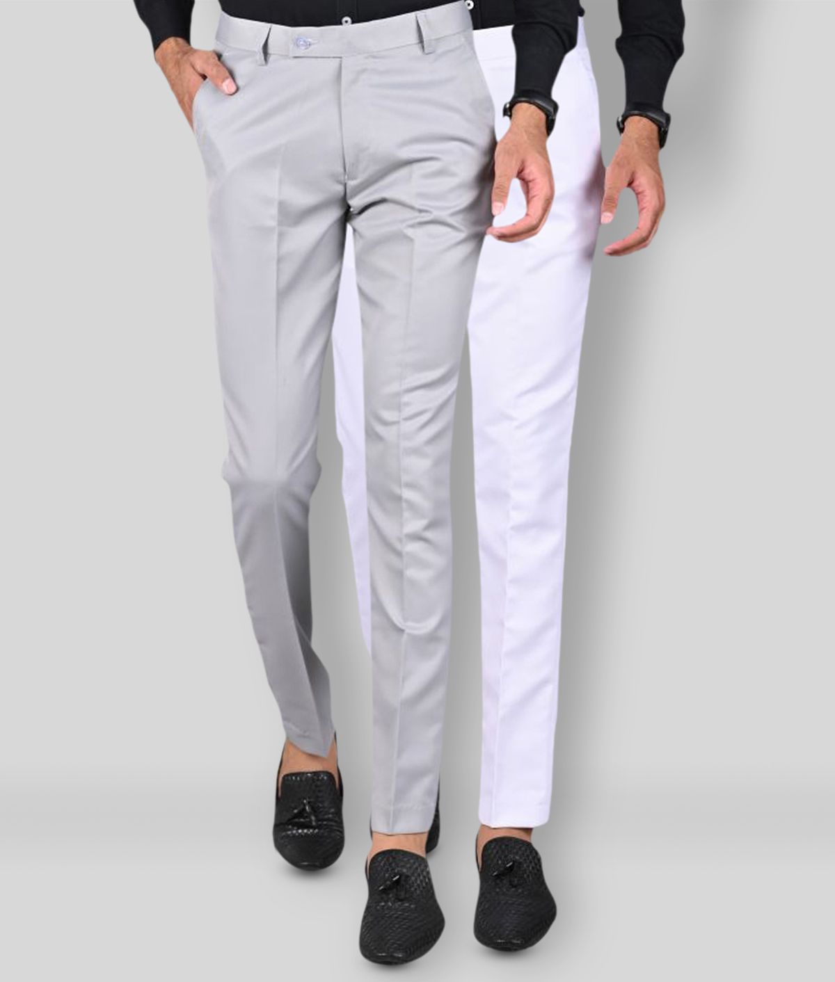     			MANCREW - White Polycotton Slim - Fit Men's Formal Pants ( Pack of 2 )