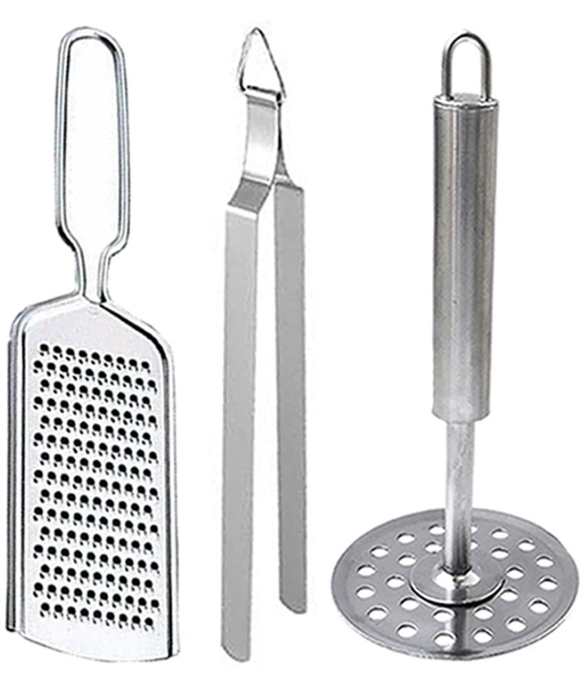     			JISUN - Silver Stainless Steel Wire Grater+ Roti Chimta+Masher ( Pack 3 )