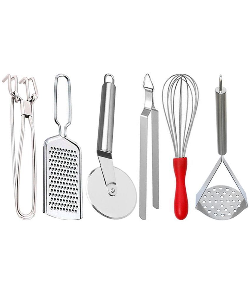     			JISUN - Silver Stainless Steel Wire Grater+Pakkad+Pizza Cutte+Whisk+Chimta+Masher ( Pack 6 )