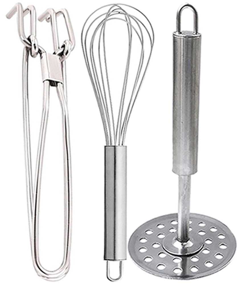     			JISUN - Silver Stainless Steel Pakkad+Whisk+Masher ( Pack 2 )