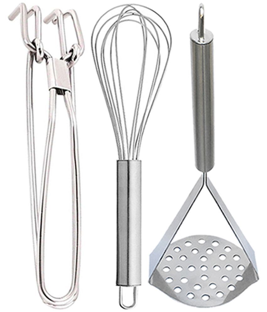     			JISUN - Silver Stainless Steel Pakkad+Whisk+Masher ( Pack 3 )