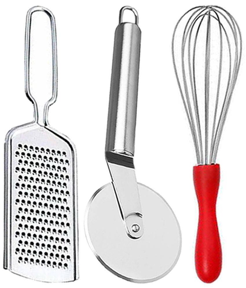     			JISUN - Silver Stainless Steel Wire Grater+Pizza Cutter+Whisk ( Pack 3 )