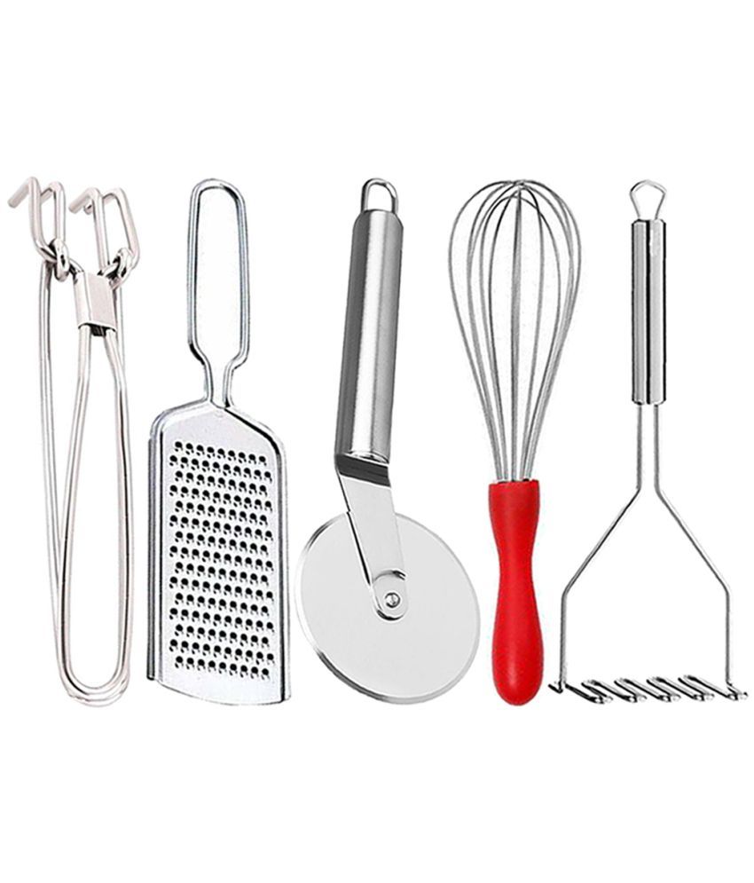     			JISUN - Silver Stainless Steel Pakkad+Wire Grater+Whisk+Pizza Cutter+Masher ( Pack 5 )