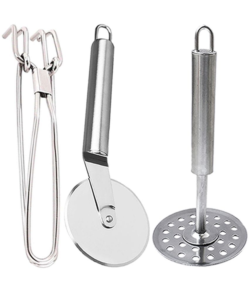     			JISUN - Silver Stainless Steel Pakkad+Pizza Cutter+Masher ( Pack 3 )