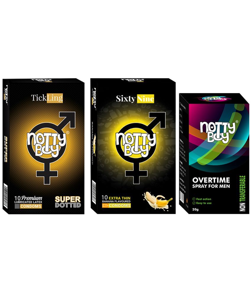     			NottyBoy OverTime Non-Transferable Spray 20gm with1500 Dots and Banana Condoms (Pack of 2, 20Pcs)