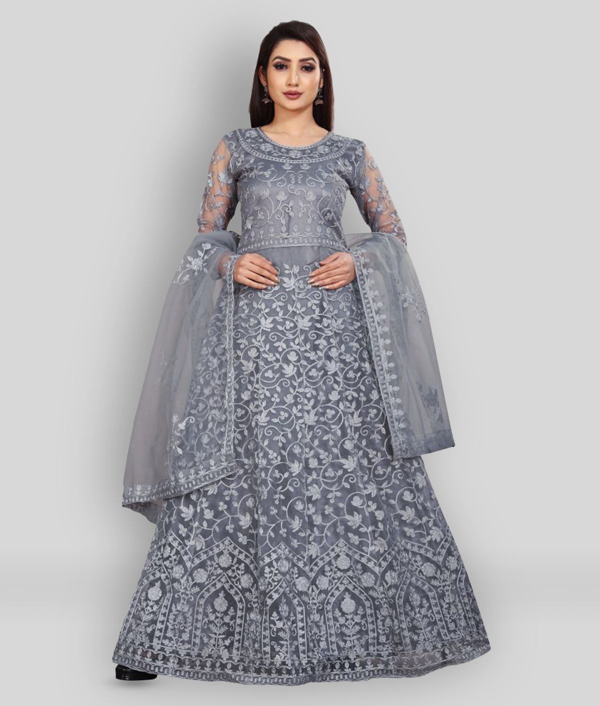     			Apnisha - Dark Grey A-line Net Women's Stitched Ethnic Gown ( Pack of 1 )