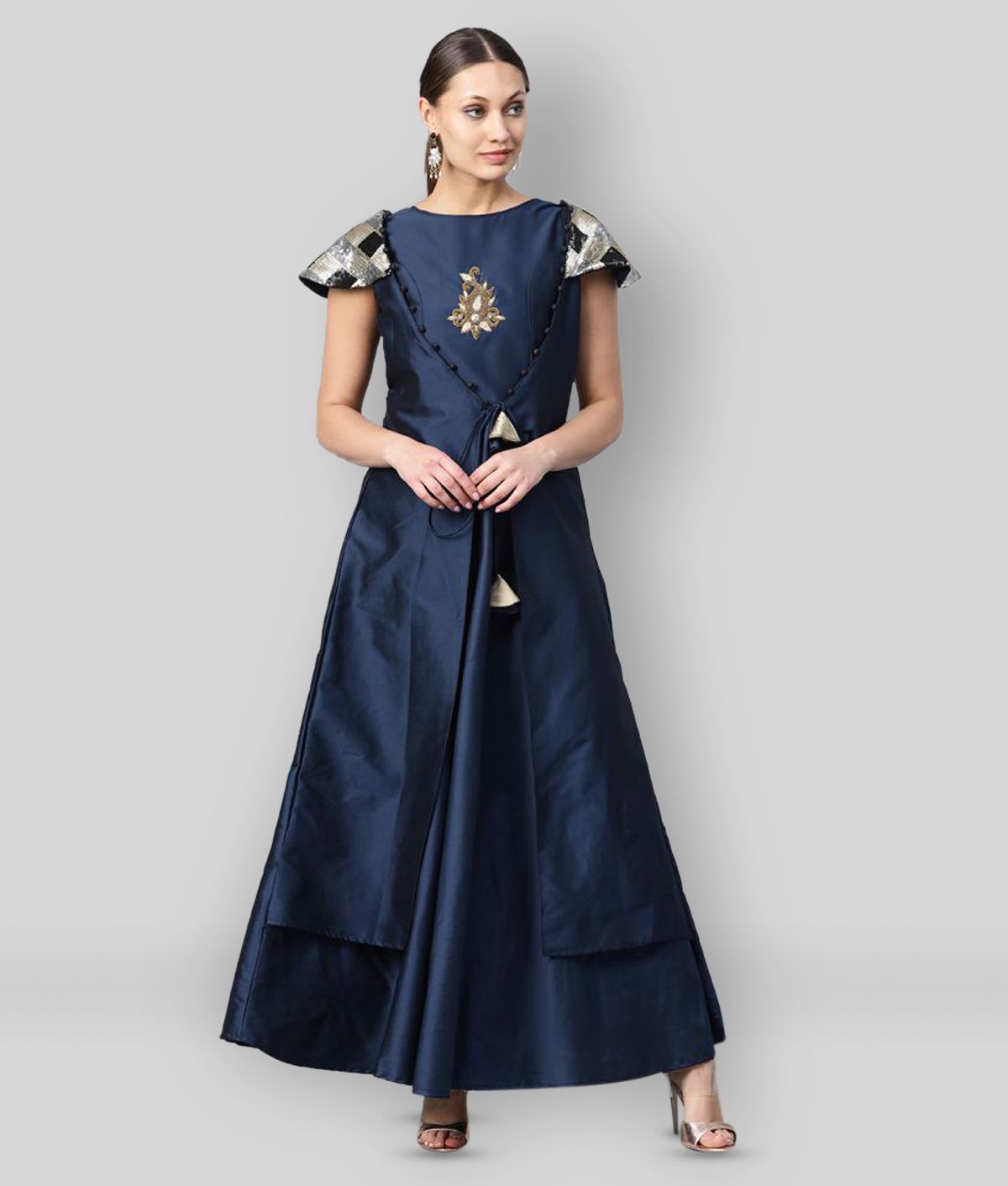 Cottinfab - Navy Blue Flared Silk Women's Stitched Ethnic Gown ( Pack of 1 )