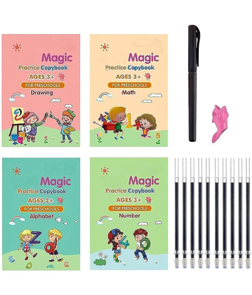     			Magic Practice Copy Book for Pre-School Kids, Re-Usable Drawing, Alphabet, Numbers and Math Exercise Notebook, English Magic Book for Children (4 x Books,10 x Refill,1 x Pen,1 x Grip)
