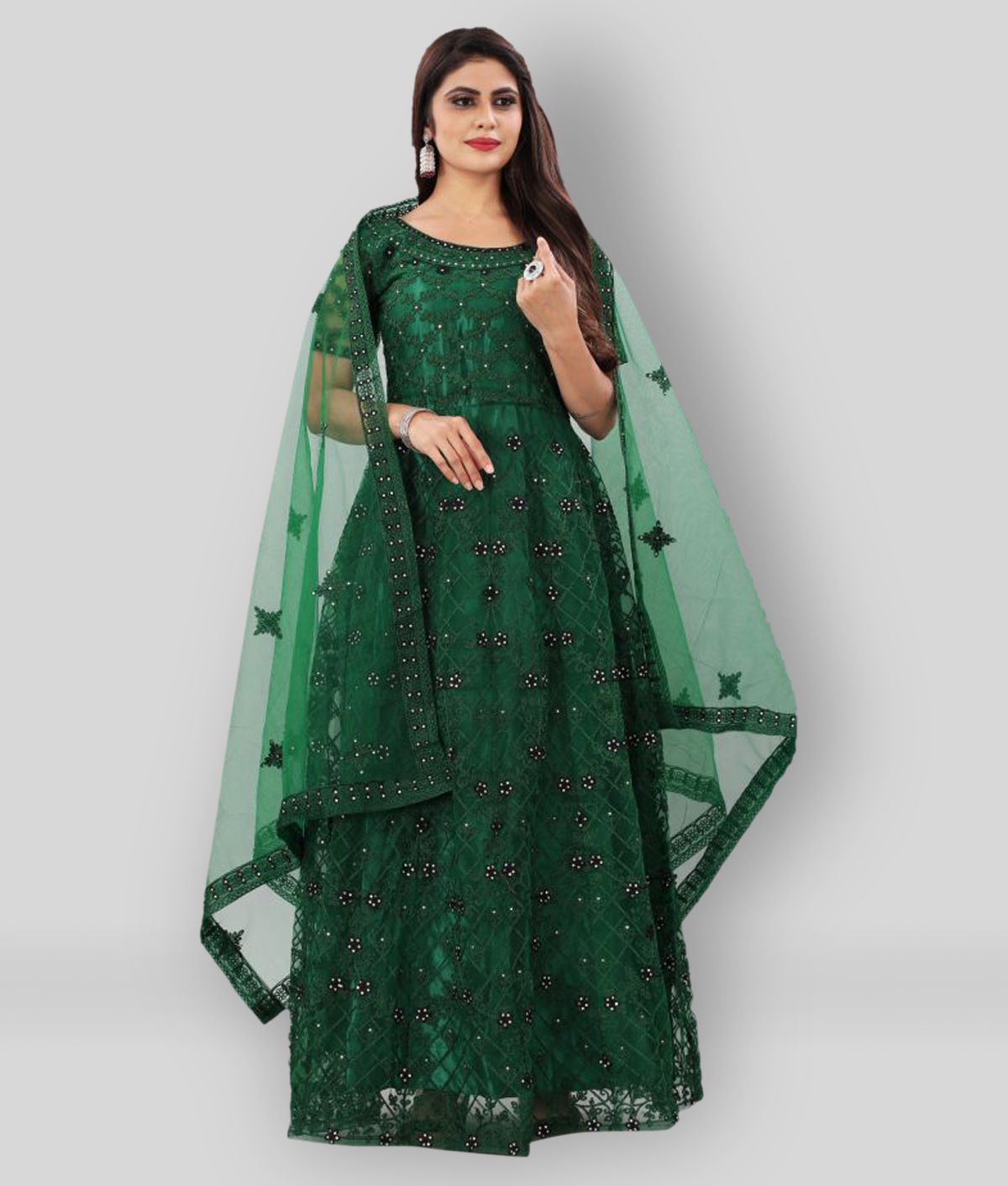     			Apnisha - Green Anarkali Net Women's Stitched Ethnic Gown ( Pack of 1 )