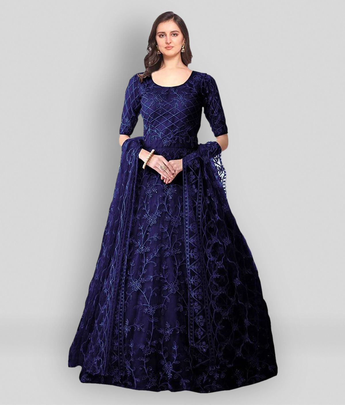     			Estela - Navy Blue Flared Net Women's Stitched Ethnic Gown ( Pack of 1 )