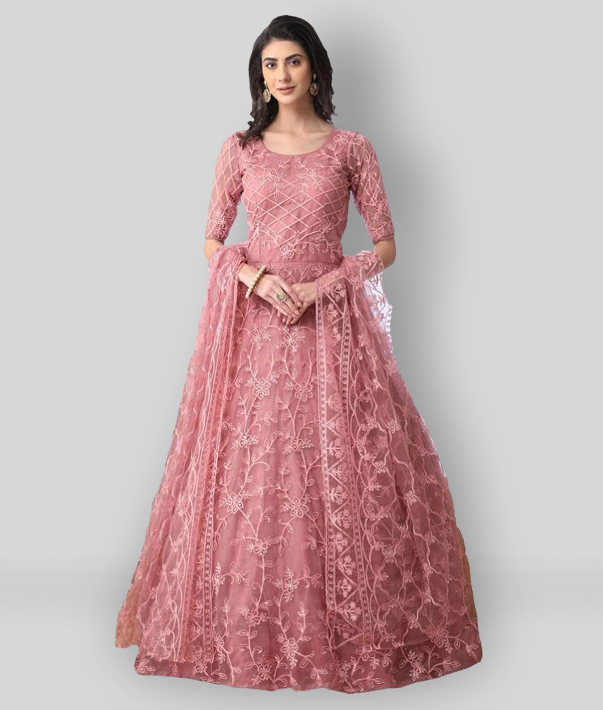 GD TRENDZ - Pink Anarkali Net Women's Semi Stitched Ethnic Gown ( Pack of 1 )