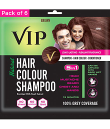 VIP Hair Colour Shampoo, Brown, 20ml, Pack of 6, 100% Grey Hair Coverage
