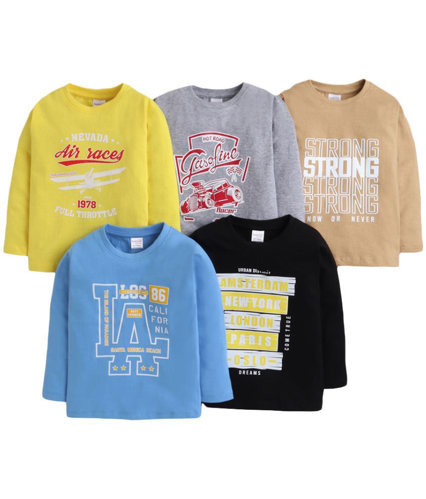 Hopscotch Boys Cotton Full Sleeves Text Printed Pack Of 5 T-Shirt in Multi Color For Ages 7-8 Years (URD-3892210)