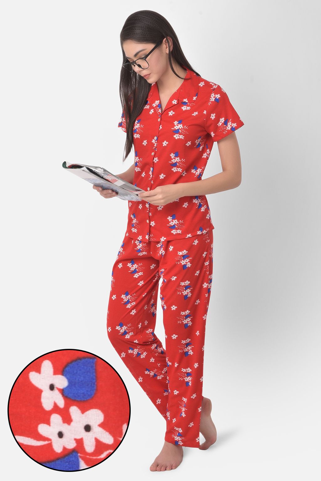     			Clovia Cotton Blend Nightsuit Sets - Red