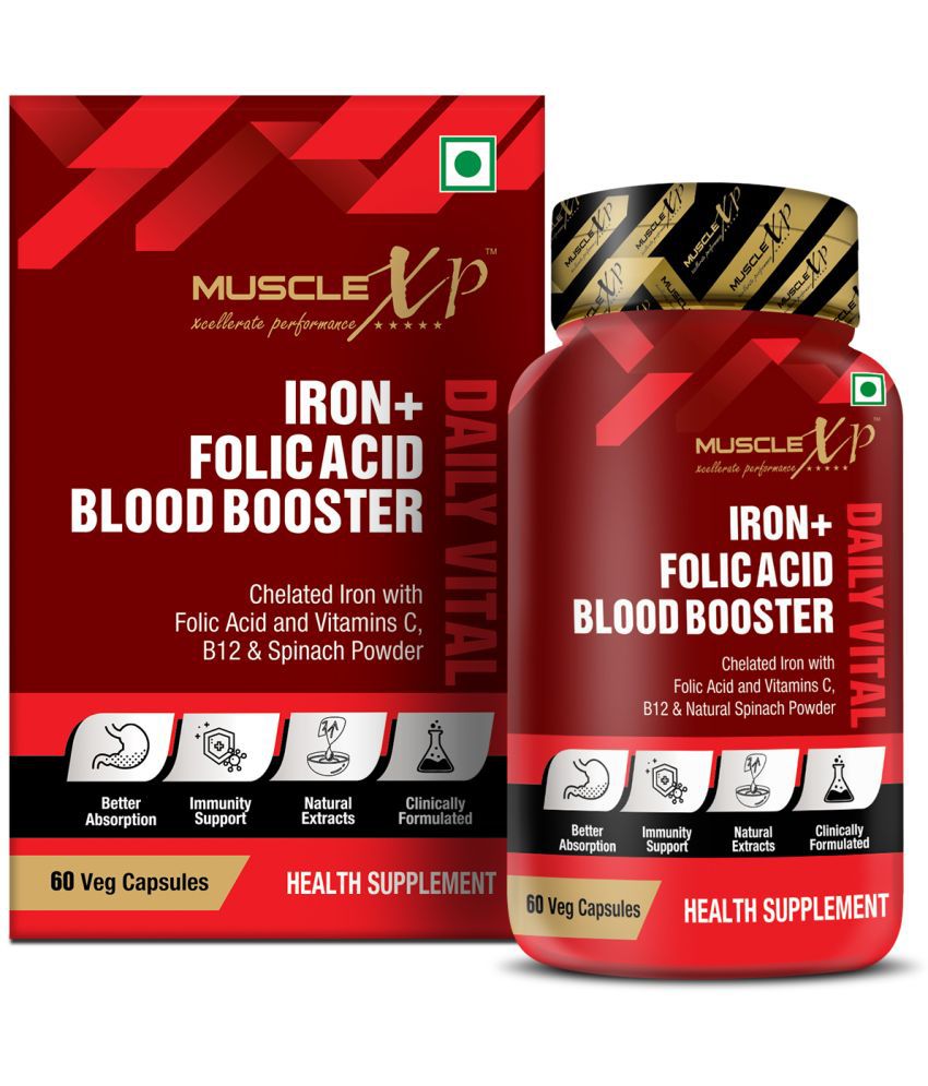     			MuscleXP Iron + Folic Acid Blood Booster Daily Vital, Chelated Iron With Folic Acid & Vitamin C, B12 & Natural Spinach Powder, 60 Veg Capsules