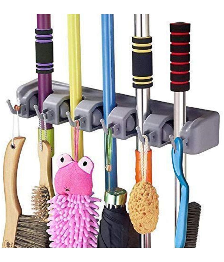     			RAMDEV ENTERPRISE Mop,Wiper & Broom Holder, 5 Slot Position with 6 Hooks Storage Holder Wall Mounted, Plastic, Multicolour.