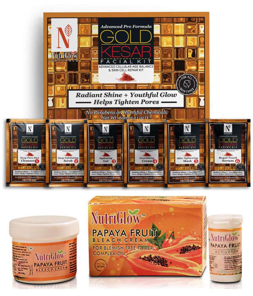     			Nutriglow Advance Pro Formula Gold Kesar Facial Kit 60gm + Papaya Fruit Bleach Cream 43gm (Pack of 1)