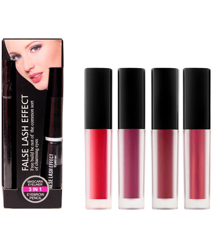     			Lenon Beauty 3 in 1 Mascara, Eyeliner, Eye Brow Pencil & 4 Pcs Mini Matte Me Lipstick Red Edition