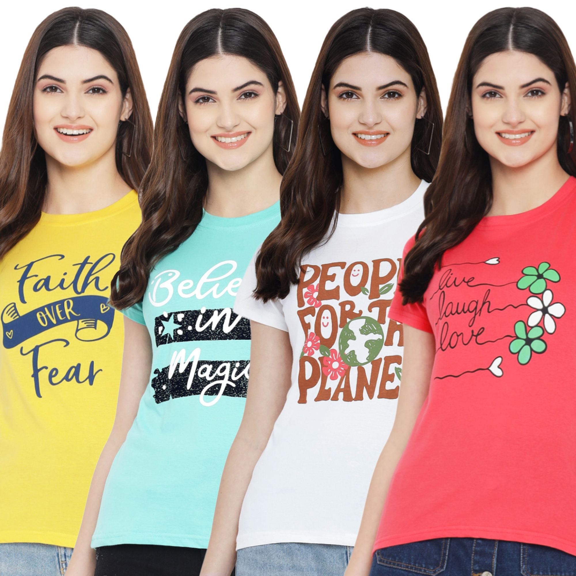 Fabflee - Multicolor 100% Cotton Regular Women's T-Shirt ( Pack of 4 )
