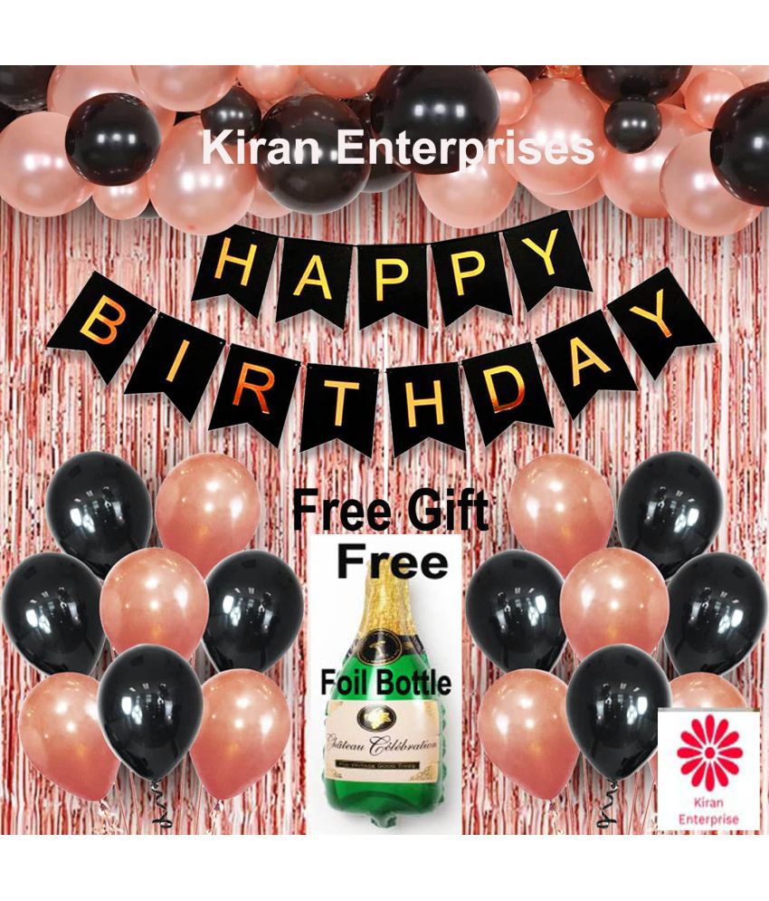     			Kiran Enterprises Happy Birthday Banner ( Black ) + 2 Fringe Curtain ( Rosegold ) + 30 Metallic Balloon ( Rosegold, Black ) + Free Foil Bottle Balloon