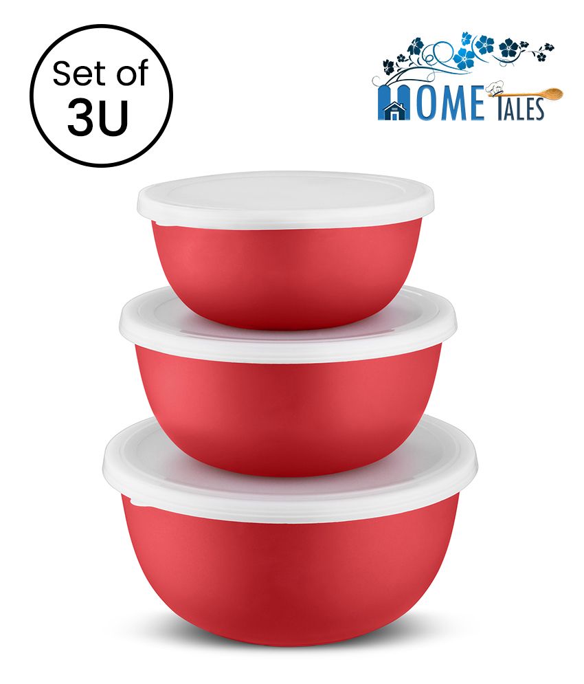 HOMETALES Stainless Steel Microwave Safe Bowl Set of 3 U with Lid, Red