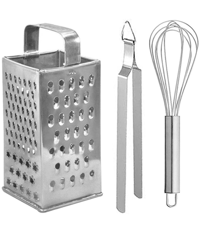     			JISUN - Silver Stainless Steel Big Grater+Roti Chimta+Egg Whisk ( Pack 3 )