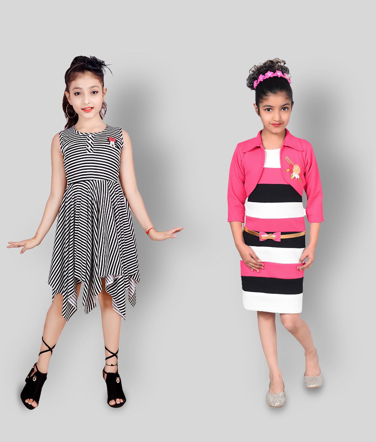     			Sky Heights - Black & Pink Lycra Girl's Asymmetric Dress ( Pack of 2 )