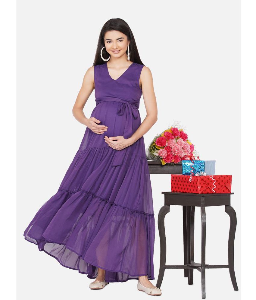 Mine4nine - Purple Chiffon Women's Maternity Dress ( Pack of 1 )