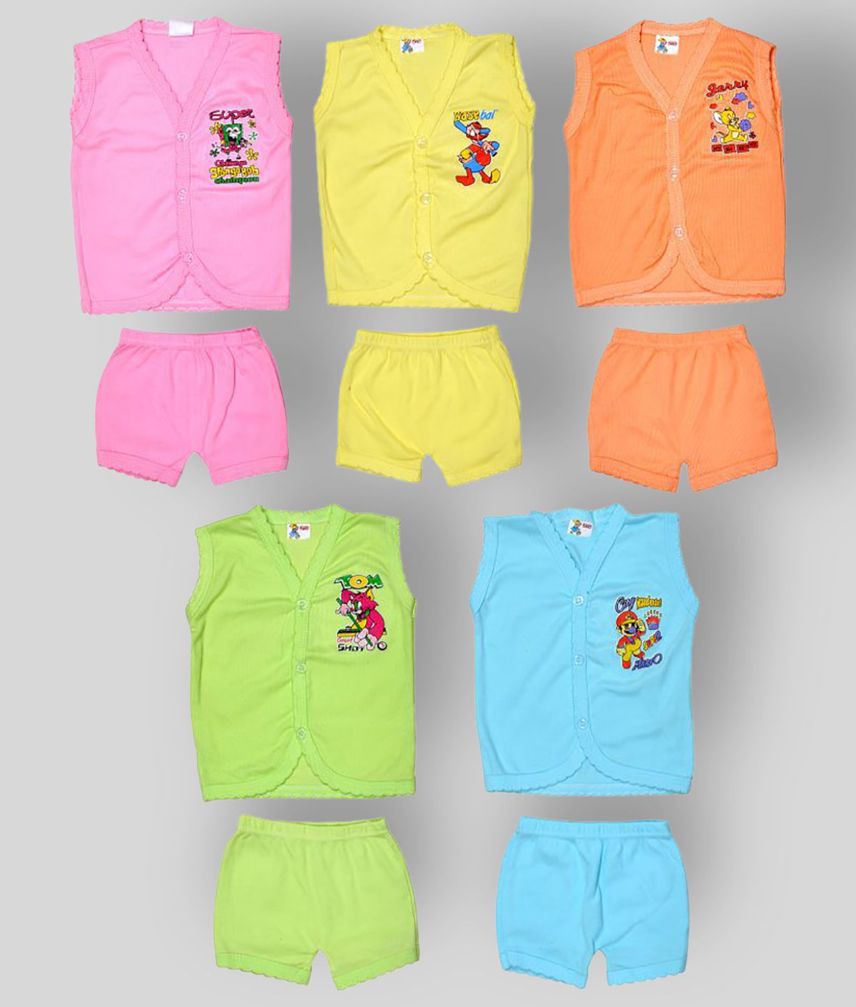 Sathiyas - Multicolor Cotton Top & Shorts For Baby Boy,Baby Girl ( Pack of 5 )