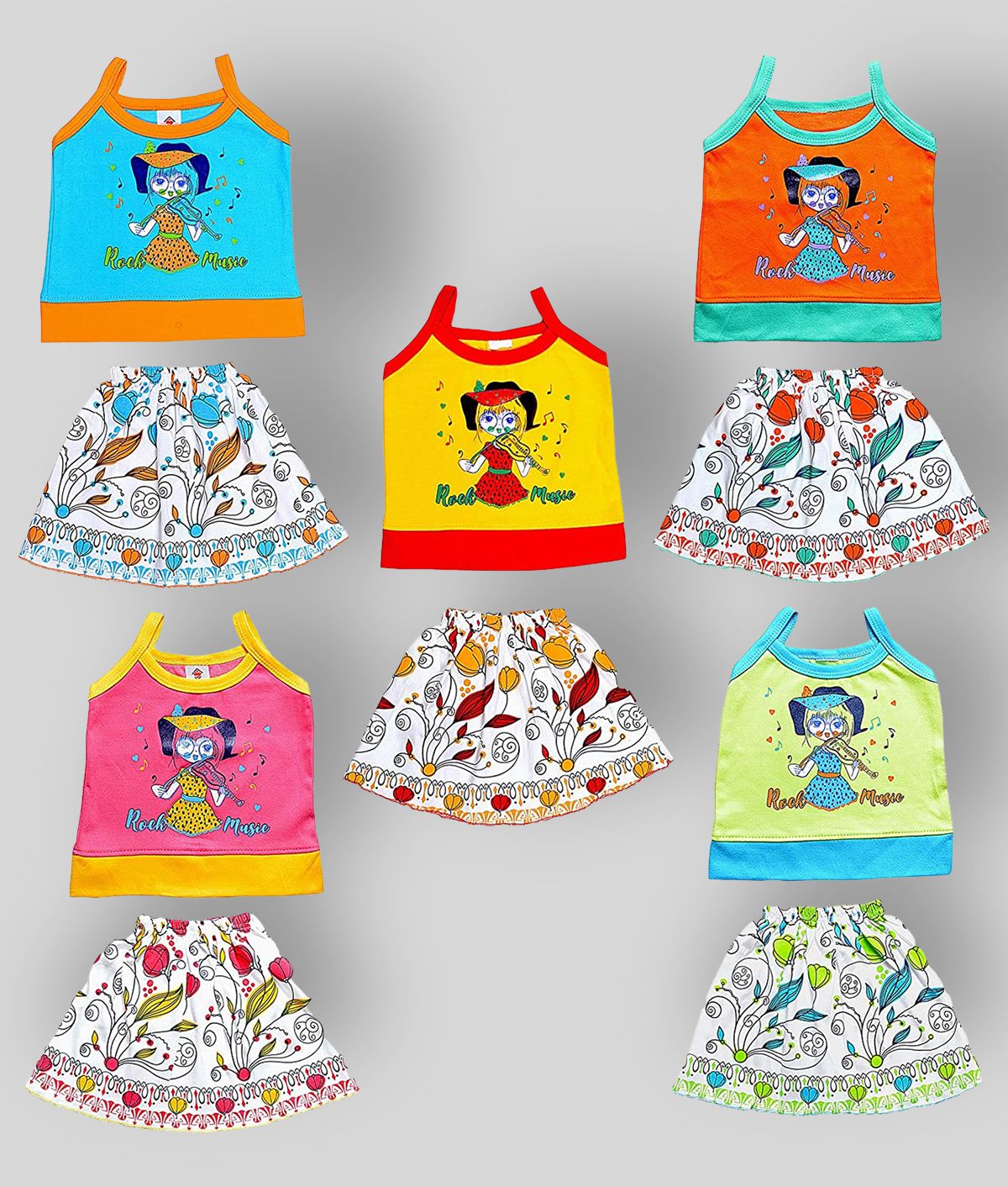     			Sathiyas - Multi Cotton Baby Girl Top & Skirt ( Pack of 5 )