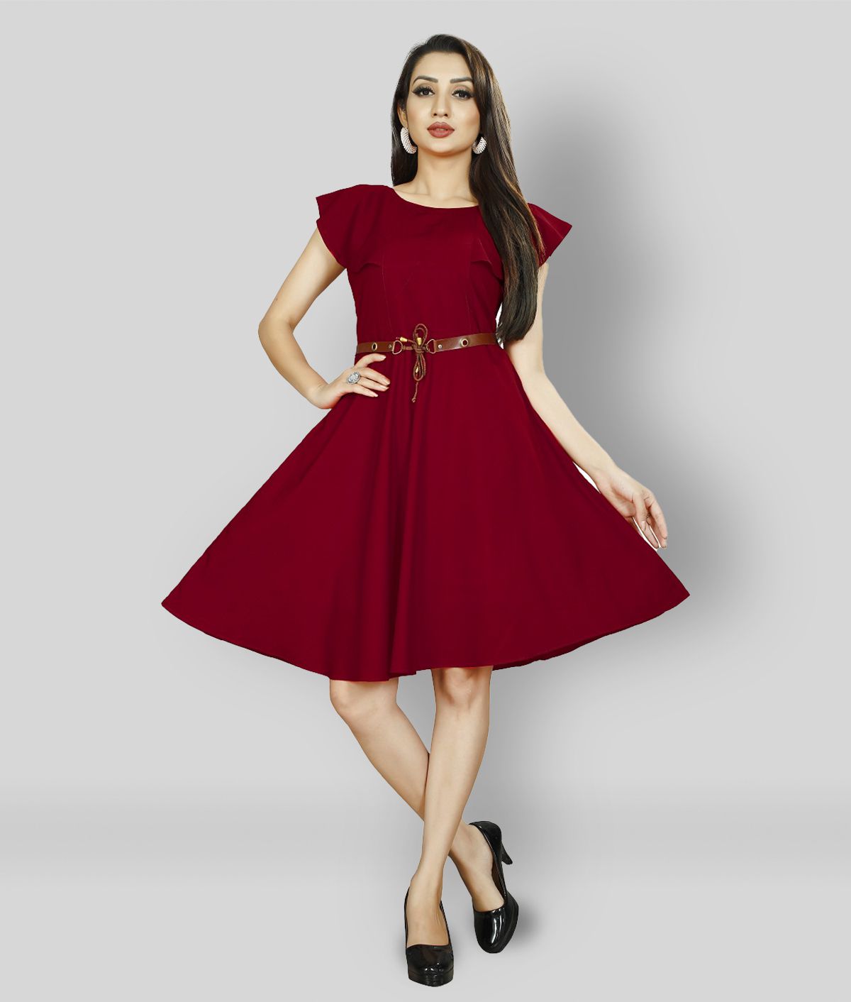 Shital Fashion World - Maroon Crepe Women's Fit & Flare Dress ( Pack of 1 )