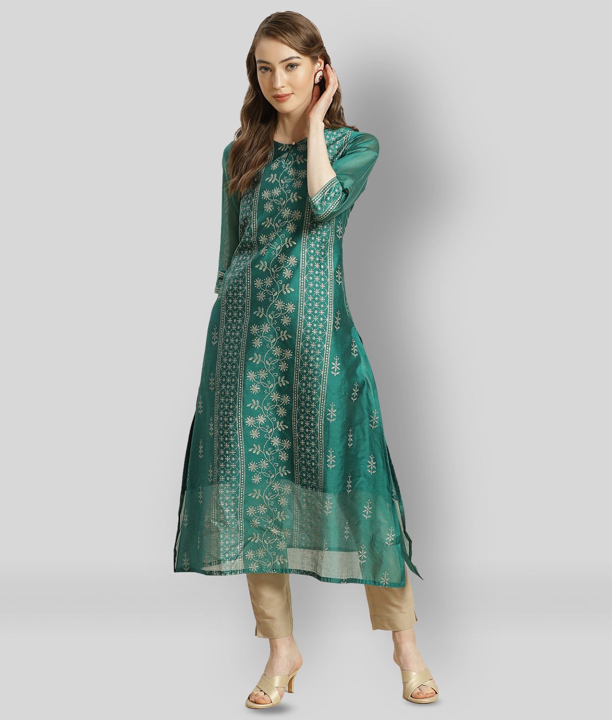     			Juniper - Green Chanderi Women's A-line Kurti ( Pack of 1 )