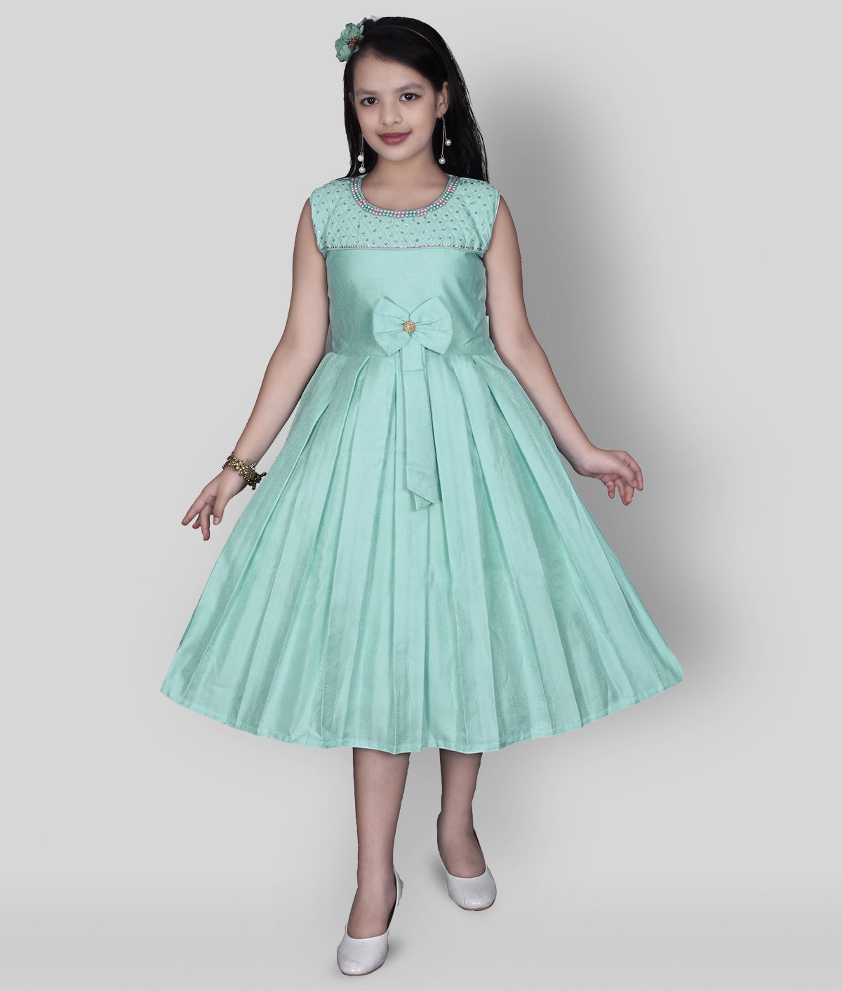     			High Fame - Sea Green Cotton Blend Girl's A-line Dress ( Pack of 1 )
