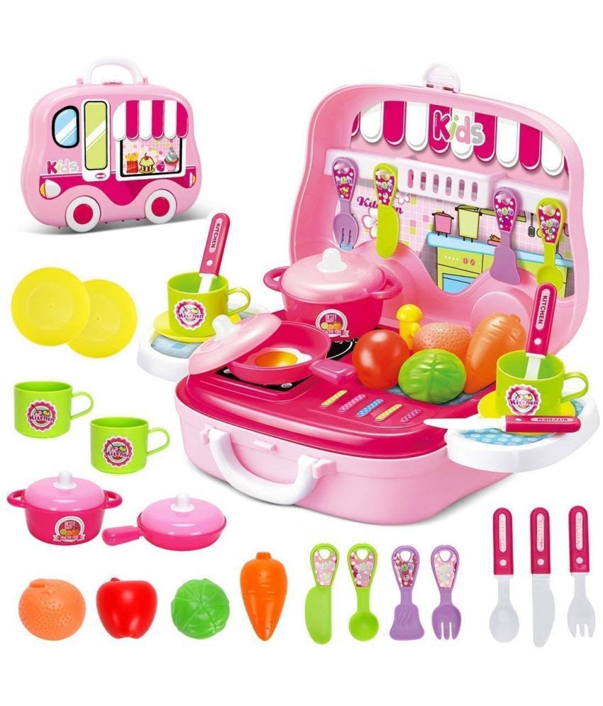     			Portable Cooking Kitchen Play Set Pretend Play Food Party Role Toy for Boys Girls – Pink